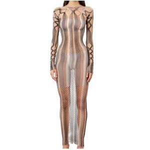 Poster Girl Koral Bodycon Maxi Dress Oyster Stripe OS Open Crochet Sheer Cutouts